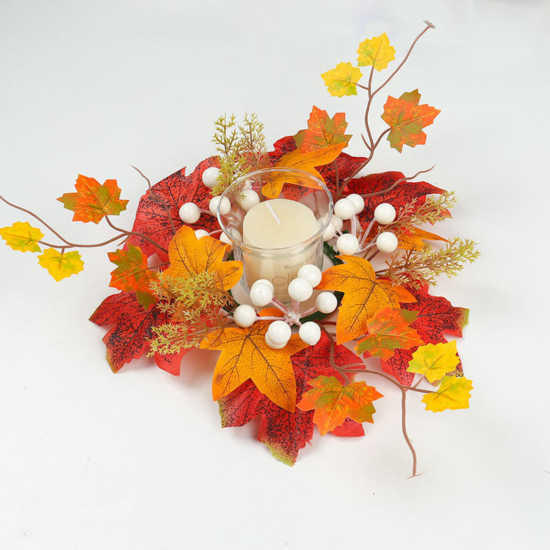 Autumn Candle Ring Wreath, 14 Inch Faux Pumpkin & Berry Centerpiece, Harvest Maple Leaf Decor for Thanksgiving, Halloween, Wedding Table