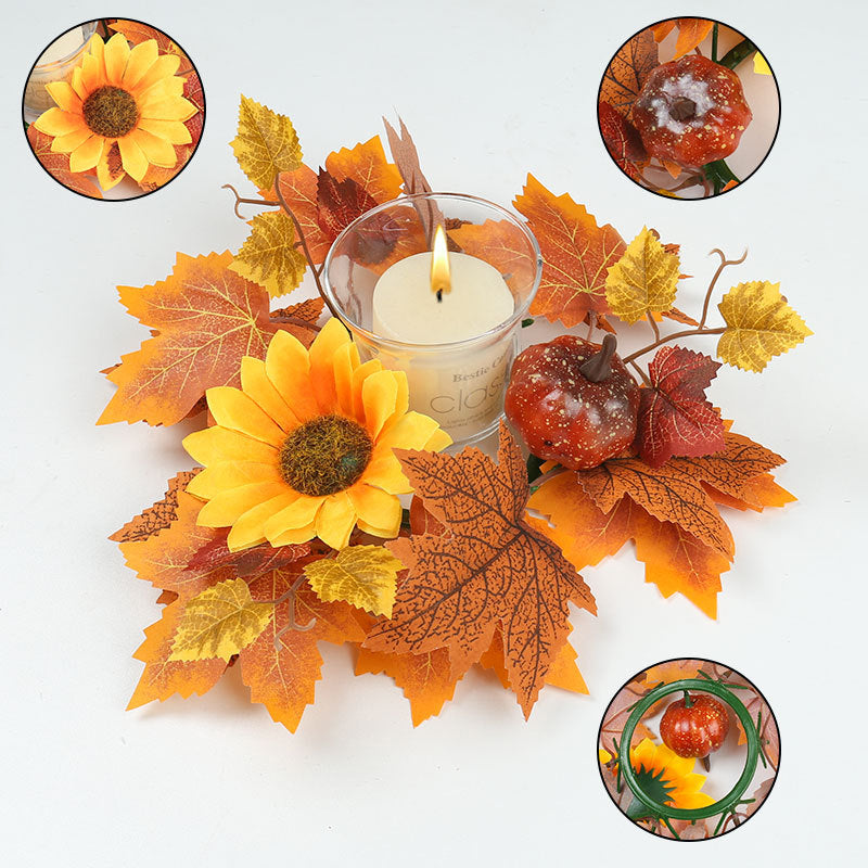 Autumn Candle Ring Wreath, 14 Inch Faux Pumpkin & Berry Centerpiece, Harvest Maple Leaf Decor for Thanksgiving, Halloween, Wedding Table