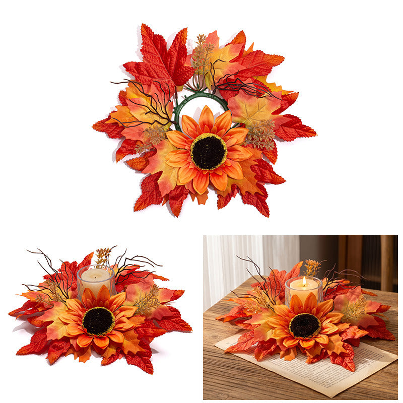 Fall Candle Ring Wreath, 13-Inch Realistic Maple Leaf & Red Berry Centerpiece, Artificial Autumn Decor for Thanksgiving, Weddings, Home Table
