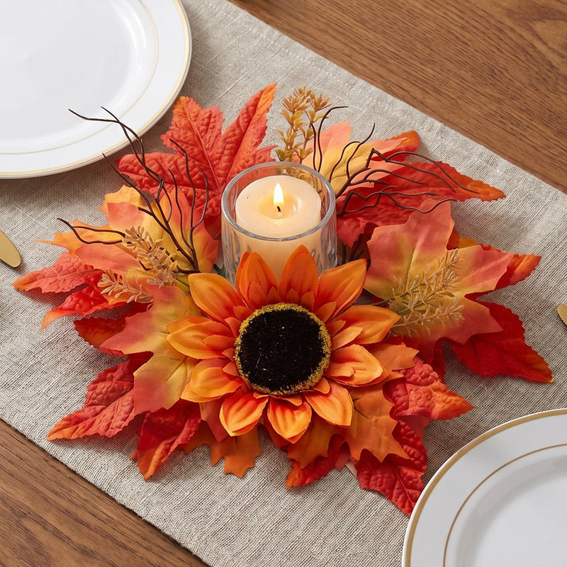Fall Candle Ring Wreath, 13-Inch Realistic Maple Leaf & Red Berry Centerpiece, Artificial Autumn Decor for Thanksgiving, Weddings, Home Table
