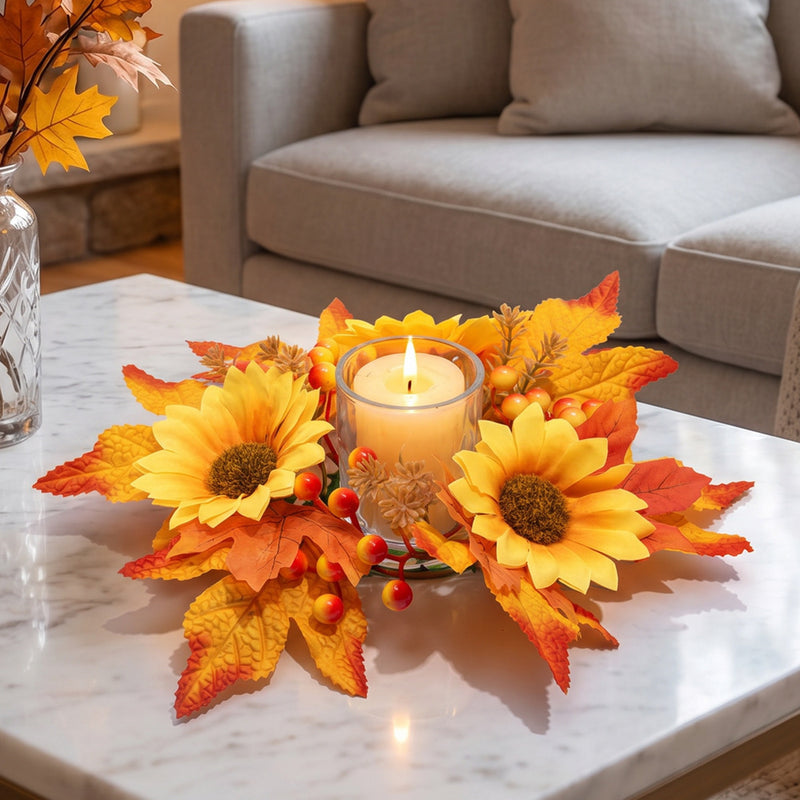 Fall Candle Ring Wreath, 13-Inch Realistic Maple Leaf & Red Berry Centerpiece, Artificial Autumn Decor for Thanksgiving, Weddings, Home Table
