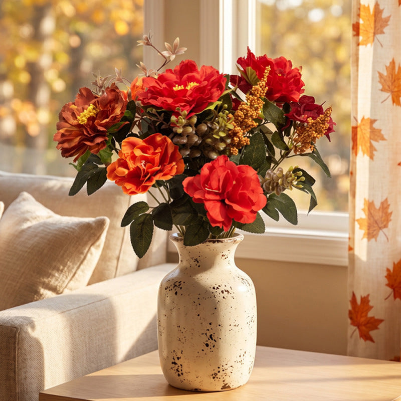 Autumn Bouquet Faux Flowers Arrangement, 15" Real-Touch, Warm Tones, Perfect for Weddings, Home Decor, and Seasonal Displays