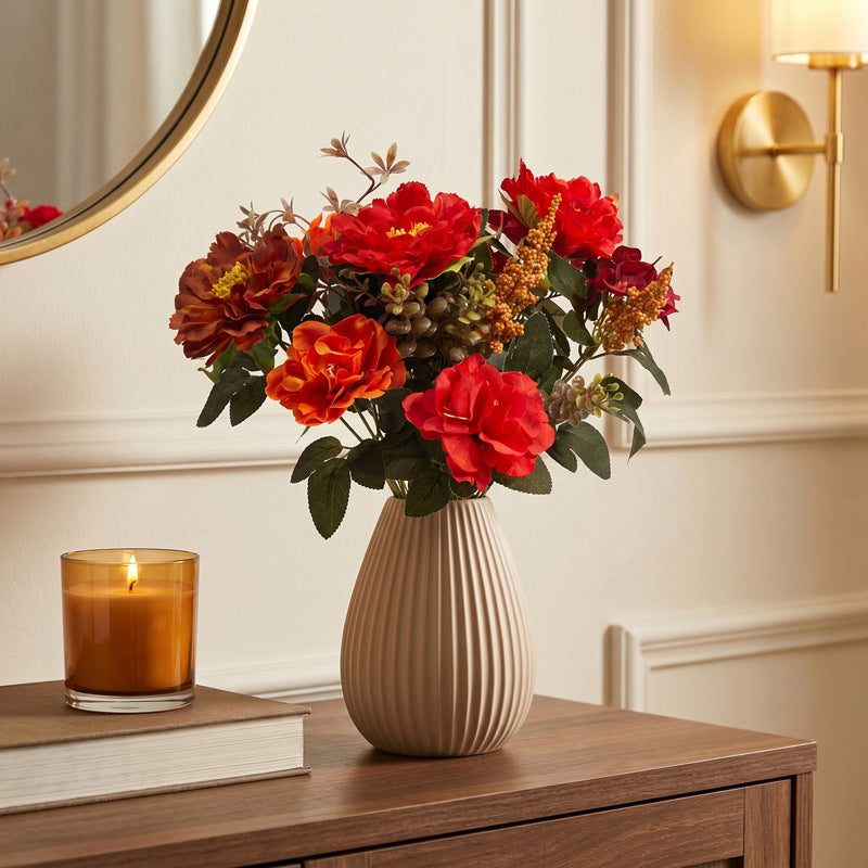 Autumn Bouquet Faux Flowers Arrangement, 15" Real-Touch, Warm Tones, Perfect for Weddings, Home Decor, and Seasonal Displays
