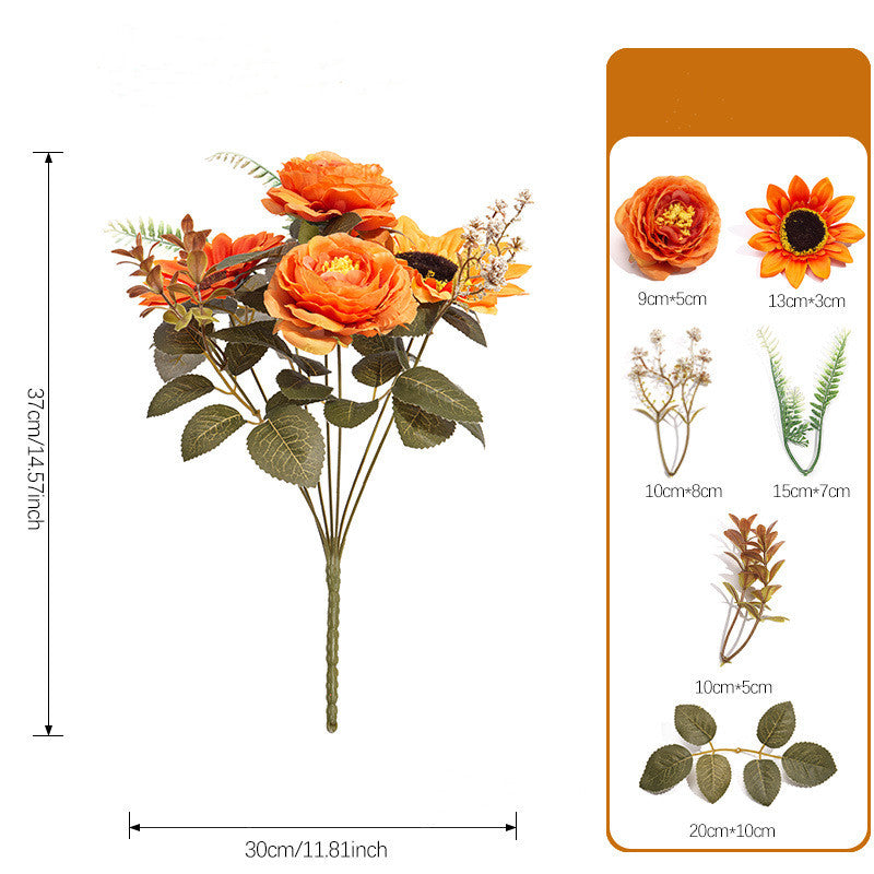 Autumn Bouquet Faux Flowers Arrangement, 15" Real-Touch, Warm Tones, Perfect for Weddings, Home Decor, and Seasonal Displays