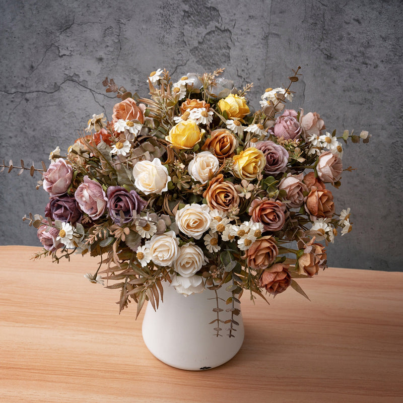 Autumn Bliss 6-Head Faux Rose Bouquet, 13" Real-Touch Floral Arrangement for Weddings, Home Decor, and Events