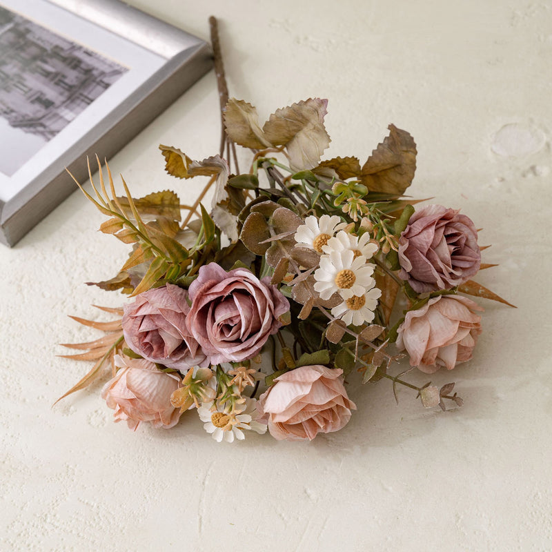 Autumn Bliss 6-Head Faux Rose Bouquet, 13" Real-Touch Floral Arrangement for Weddings, Home Decor, and Events