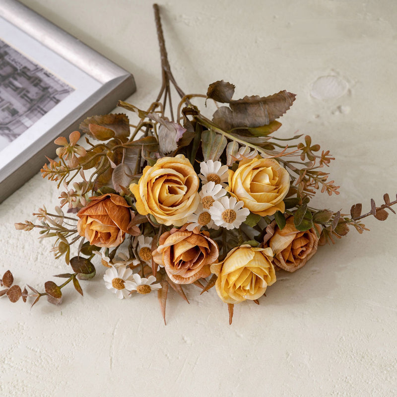 Autumn Bliss 6-Head Faux Rose Bouquet, 13" Real-Touch Floral Arrangement for Weddings, Home Decor, and Events