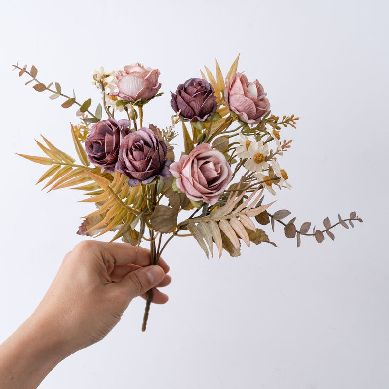 Autumn Bliss 6-Head Faux Rose Bouquet, 13" Real-Touch Floral Arrangement for Weddings, Home Decor, and Events