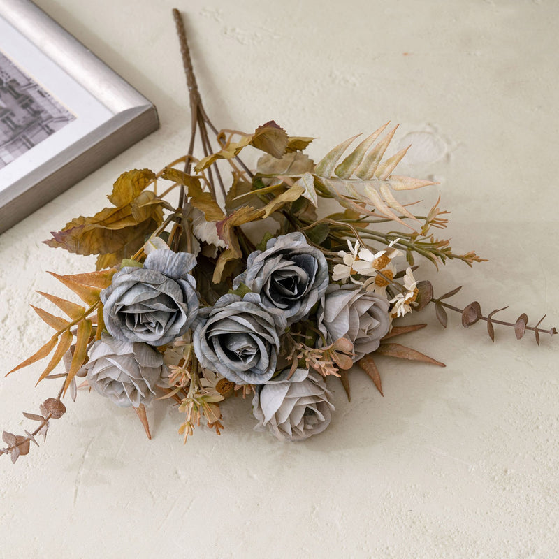 Autumn Bliss 6-Head Faux Rose Bouquet, 13" Real-Touch Floral Arrangement for Weddings, Home Decor, and Events