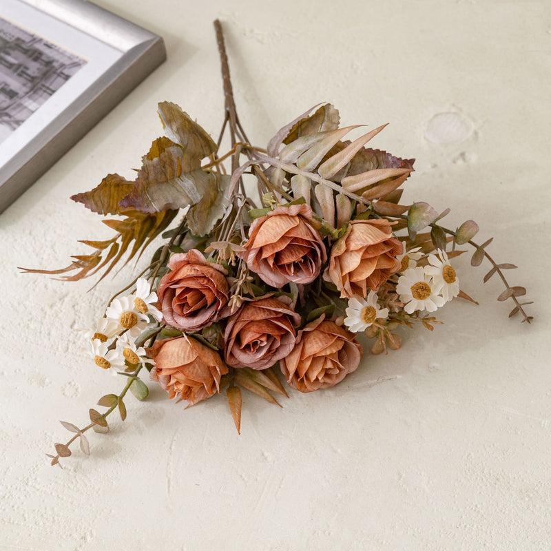 Autumn Bliss 6-Head Faux Rose Bouquet, 13" Real-Touch Floral Arrangement for Weddings, Home Decor, and Events