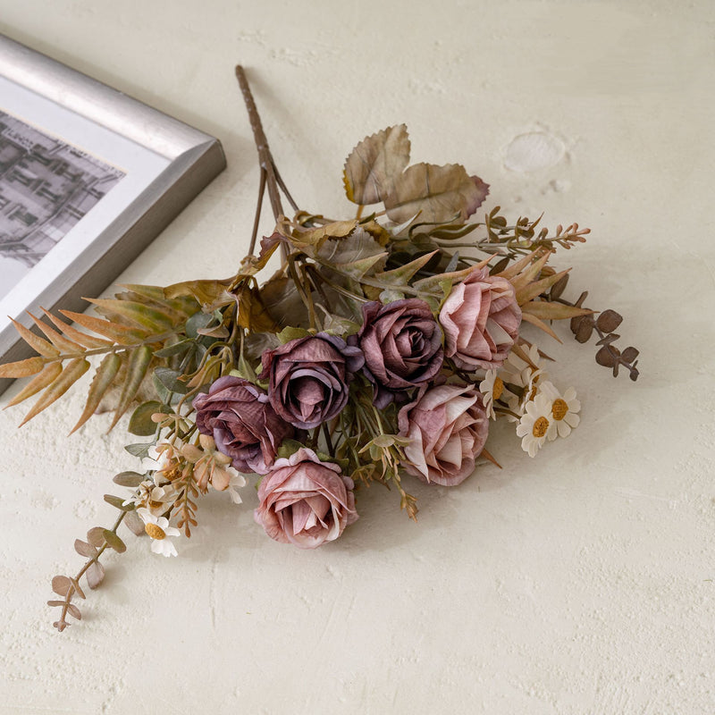 Autumn Bliss 6-Head Faux Rose Bouquet, 13" Real-Touch Floral Arrangement for Weddings, Home Decor, and Events