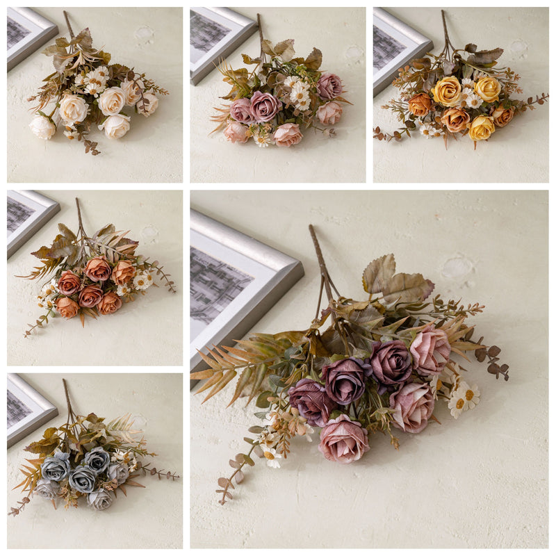 Autumn Bliss 6-Head Faux Rose Bouquet, 13" Real-Touch Floral Arrangement for Weddings, Home Decor, and Events