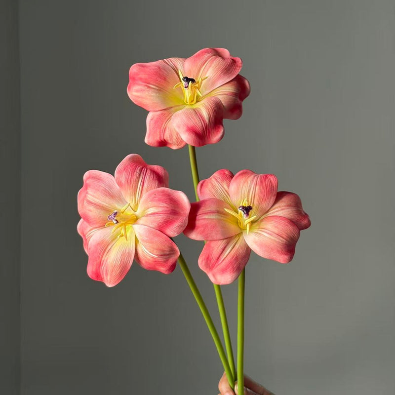 3-Stem Realistic Open Tulip Bunch, 20" Long Stem Large 5" Blooms, Lifelike Faux Flowers for Wedding Bouquets, Centerpieces, Home Decor