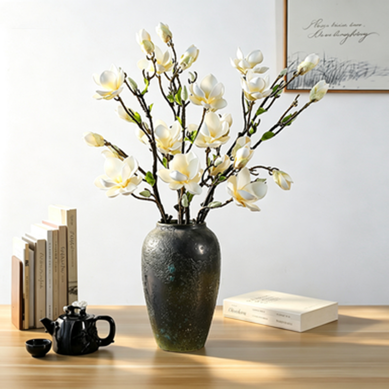 Elegant 32" Tall Faux Magnolia Stem, Realistic Artificial Flowers, Long Stem for Vase, Wedding Bouquet, Centerpiece, Home Decor