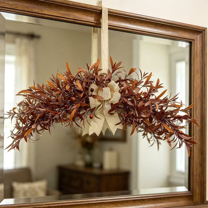 Coffee Brown Olive Wreath, 31" Realistic Faux Garland for Fall Decor, Moody Autumn Wedding Arch, Fireplace Mantle Swag, Home Door Hanger