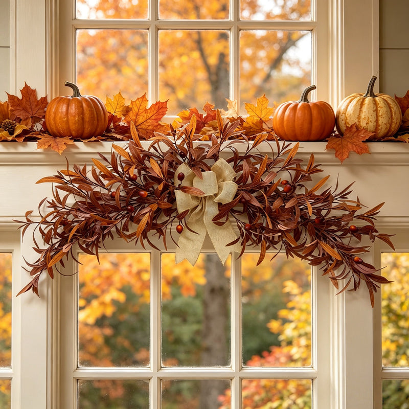 Coffee Brown Olive Wreath, 31" Realistic Faux Garland for Fall Decor, Moody Autumn Wedding Arch, Fireplace Mantle Swag, Home Door Hanger