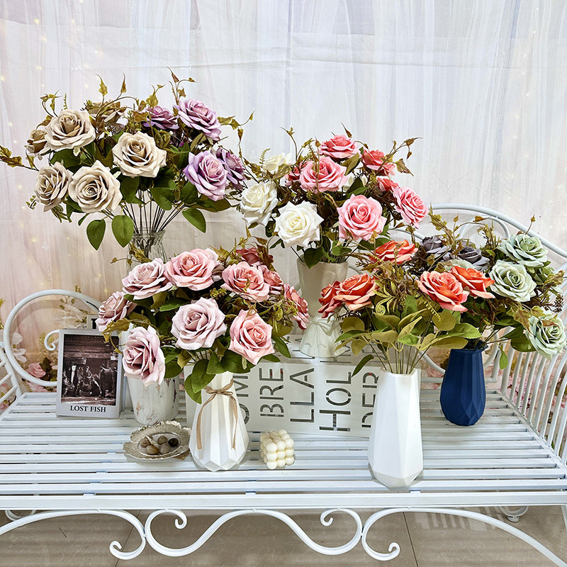 22" Large Curled Edge Faux Rose Stem, 7 Lifelike Blooms, European Style Artificial Flowers for Wedding Bouquet, Centerpiece, Home Decor