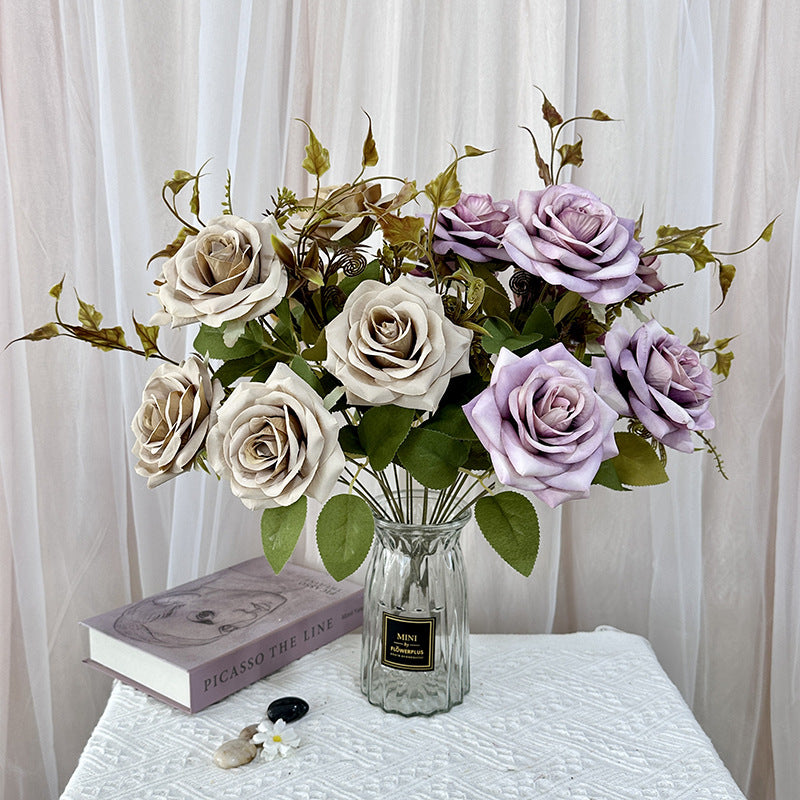 22" Large Curled Edge Faux Rose Stem, 7 Lifelike Blooms, European Style Artificial Flowers for Wedding Bouquet, Centerpiece, Home Decor
