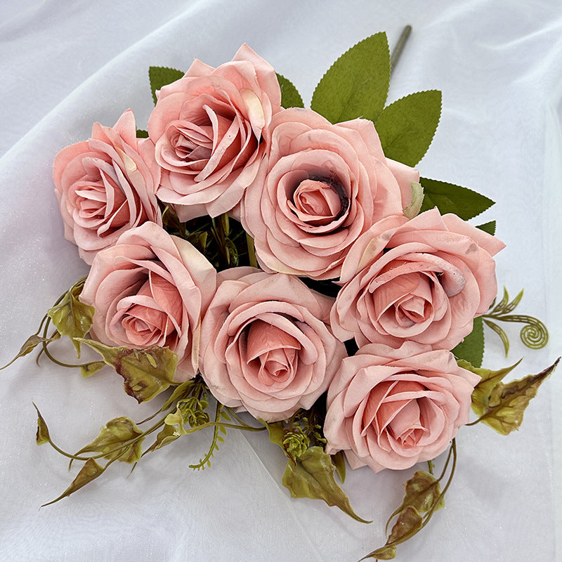 22" Large Curled Edge Faux Rose Stem, 7 Lifelike Blooms, European Style Artificial Flowers for Wedding Bouquet, Centerpiece, Home Decor