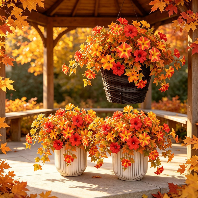 2 Pack Artificial Fall Petunias, 25" UV Resistant Fake Flowers, Realistic Outdoor Hanging Plants for Porch Planter, Window Box, Wedding & Autumn Decor