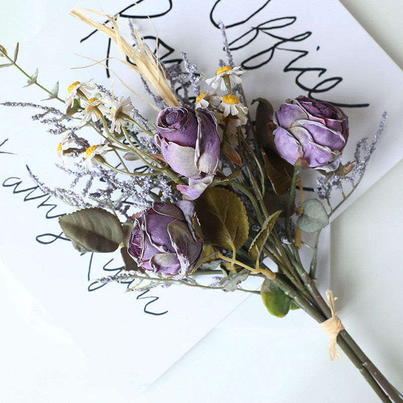 Autumn-Inspired Faux Edge Rose & Daisy Bouquet, 14" Real-Touch, Rustic Home Decor, Wedding Floral Arrangement, Seasonal Centerpiece