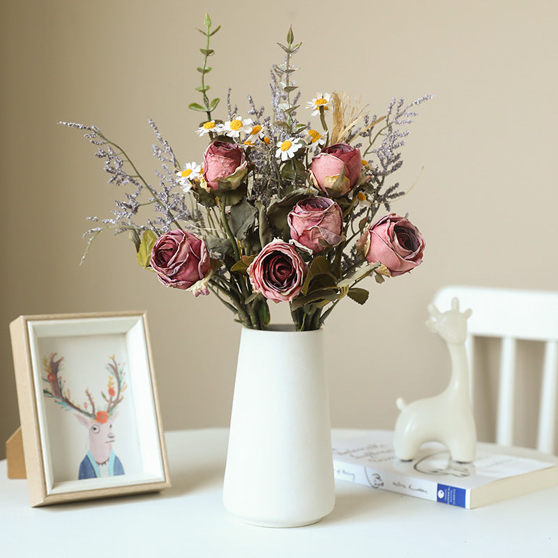 Autumn-Inspired Faux Edge Rose & Daisy Bouquet, 14" Real-Touch, Rustic Home Decor, Wedding Floral Arrangement, Seasonal Centerpiece