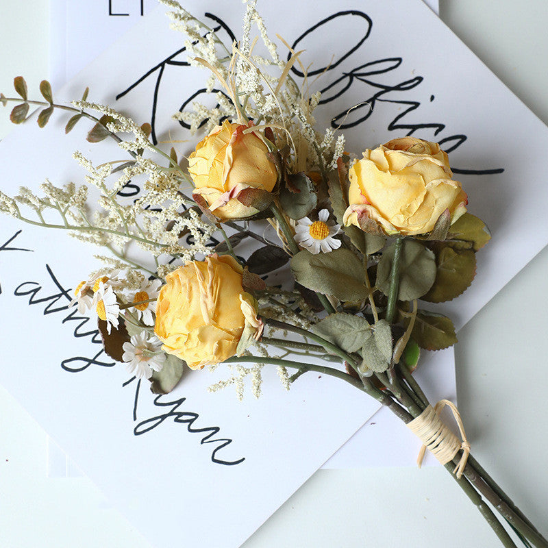 Autumn-Inspired Faux Edge Rose & Daisy Bouquet, 14" Real-Touch, Rustic Home Decor, Wedding Floral Arrangement, Seasonal Centerpiece