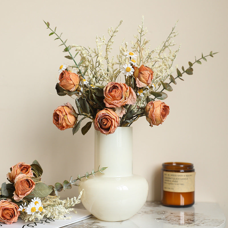 Autumn-Inspired Faux Edge Rose & Daisy Bouquet, 14" Real-Touch, Rustic Home Decor, Wedding Floral Arrangement, Seasonal Centerpiece