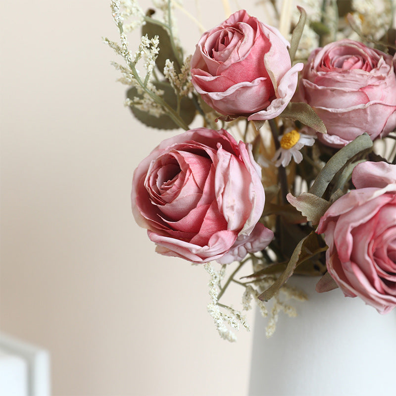 Autumn-Inspired Faux Edge Rose & Daisy Bouquet, 14" Real-Touch, Rustic Home Decor, Wedding Floral Arrangement, Seasonal Centerpiece