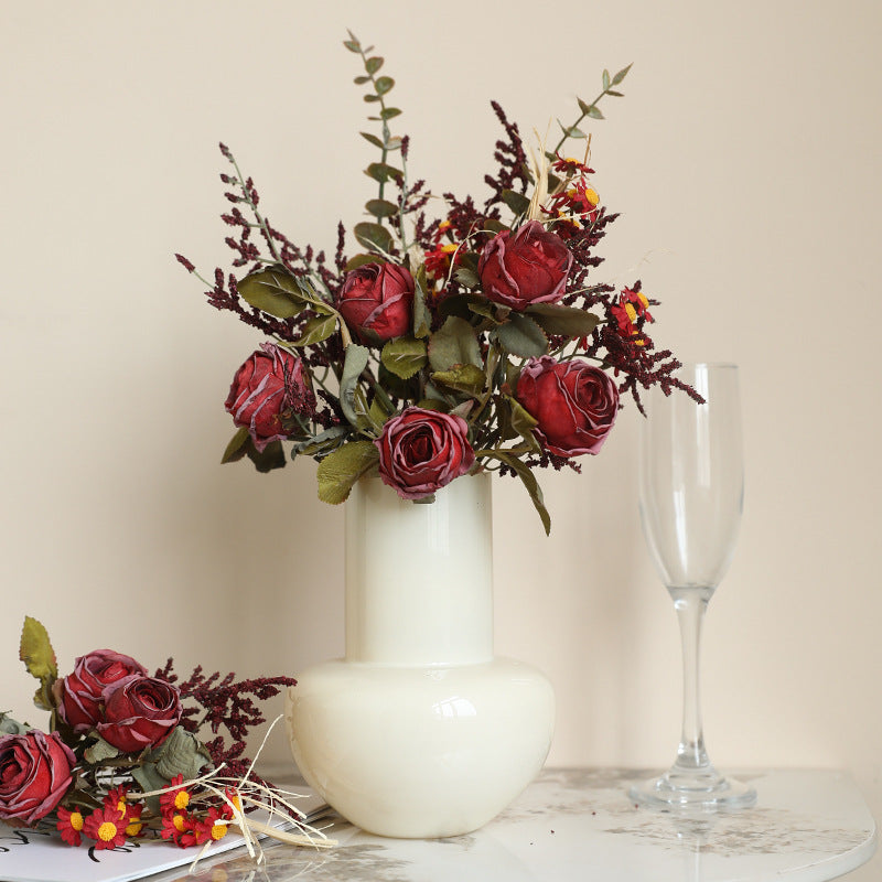 Autumn-Inspired Faux Edge Rose & Daisy Bouquet, 14" Real-Touch, Rustic Home Decor, Wedding Floral Arrangement, Seasonal Centerpiece