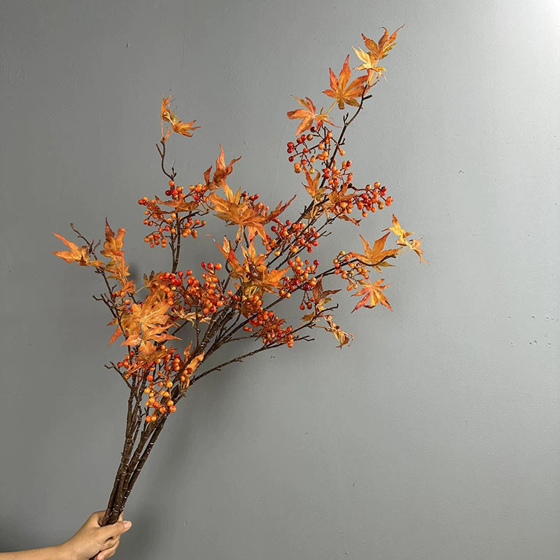 Faux Autumn Maple Leaf Branch, 39" Long Realistic Fall Foliage Spray with Red Berries for Vase Filler, Wedding Arch, Thanksgiving & Seasonal Home Decor