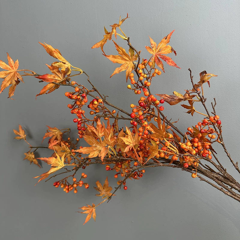 Faux Autumn Maple Leaf Branch, 39" Long Realistic Fall Foliage Spray with Red Berries for Vase Filler, Wedding Arch, Thanksgiving & Seasonal Home Decor
