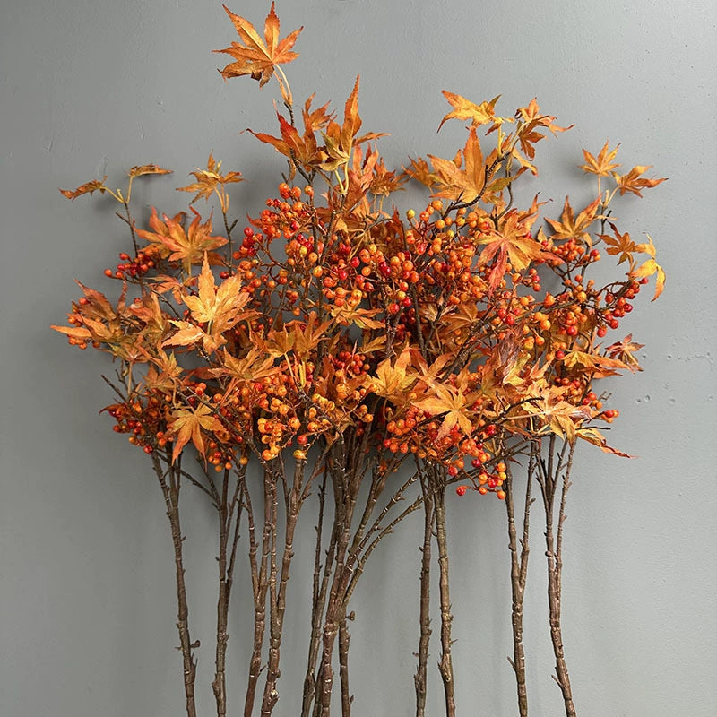 Faux Autumn Maple Leaf Branch, 39" Long Realistic Fall Foliage Spray with Red Berries for Vase Filler, Wedding Arch, Thanksgiving & Seasonal Home Decor
