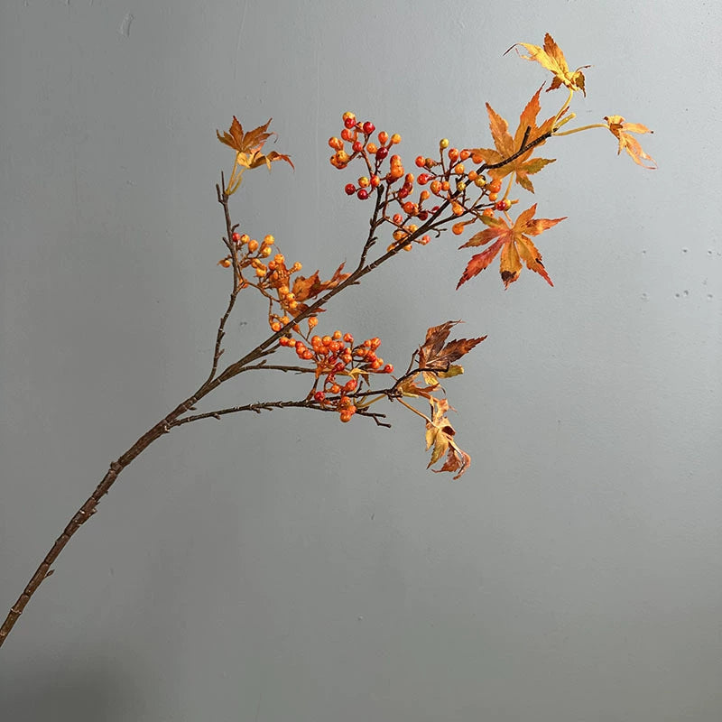Faux Autumn Maple Leaf Branch, 39" Long Realistic Fall Foliage Spray with Red Berries for Vase Filler, Wedding Arch, Thanksgiving & Seasonal Home Decor