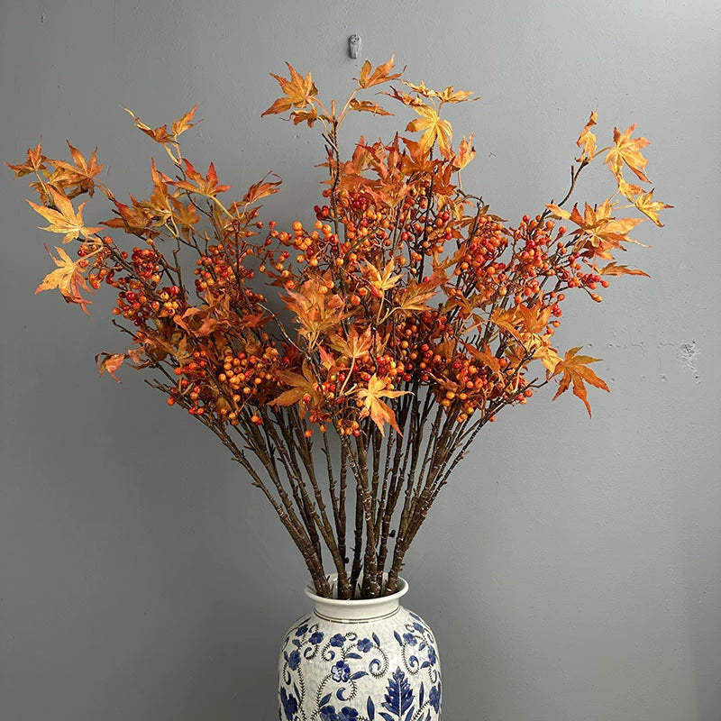 Faux Autumn Maple Leaf Branch, 39" Long Realistic Fall Foliage Spray with Red Berries for Vase Filler, Wedding Arch, Thanksgiving & Seasonal Home Decor