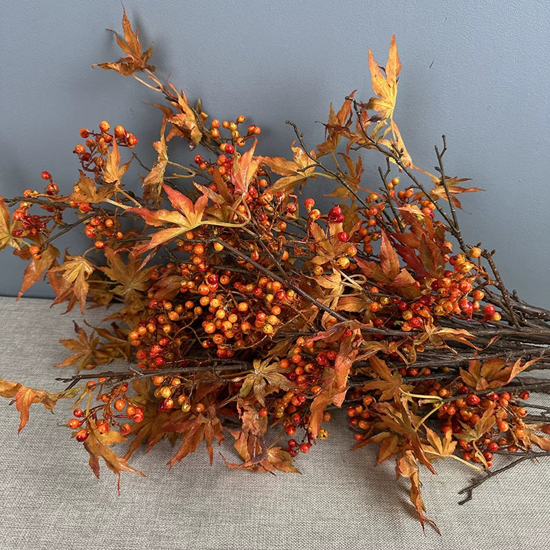 Faux Autumn Maple Leaf Branch, 39" Long Realistic Fall Foliage Spray with Red Berries for Vase Filler, Wedding Arch, Thanksgiving & Seasonal Home Decor