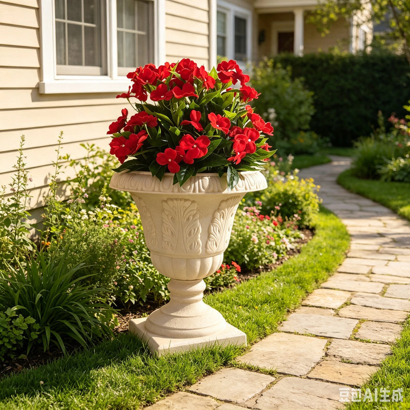 Set of 2, 17" Artificial Red Impatiens in Pots, UV Resistant Faux Flowers, Realistic Potted Plants for Outdoor Porch, Wedding & Farmhouse Decor