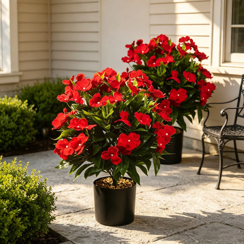 Set of 2, 17" Artificial Red Impatiens in Pots, UV Resistant Faux Flowers, Realistic Potted Plants for Outdoor Porch, Wedding & Farmhouse Decor