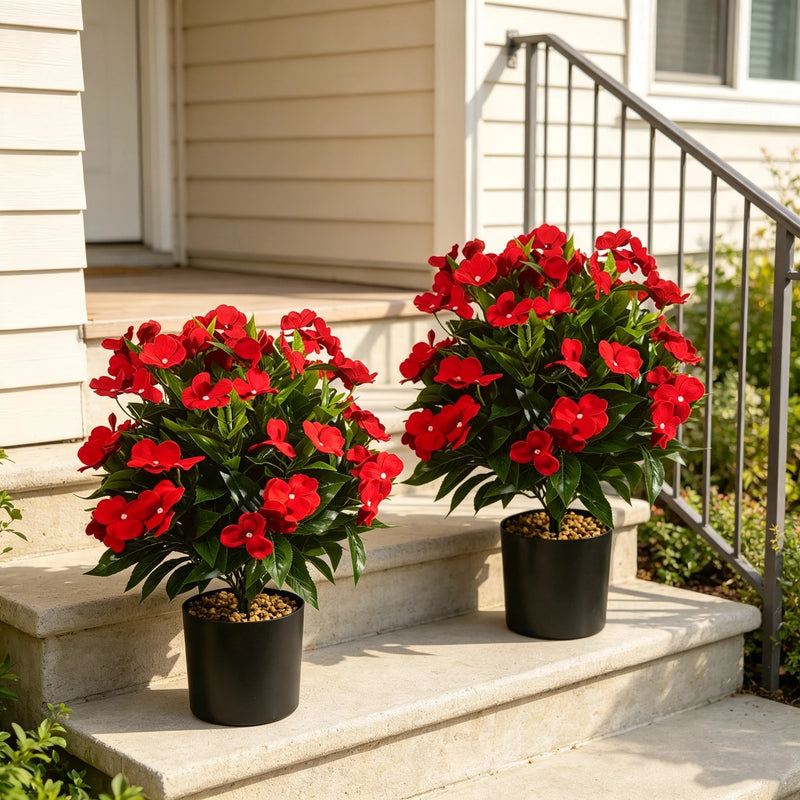 Set of 2, 17" Artificial Red Impatiens in Pots, UV Resistant Faux Flowers, Realistic Potted Plants for Outdoor Porch, Wedding & Farmhouse Decor
