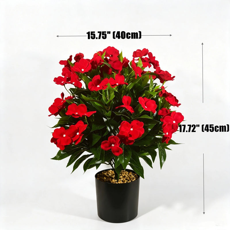 Set of 2, 17" Artificial Red Impatiens in Pots, UV Resistant Faux Flowers, Realistic Potted Plants for Outdoor Porch, Wedding & Farmhouse Decor
