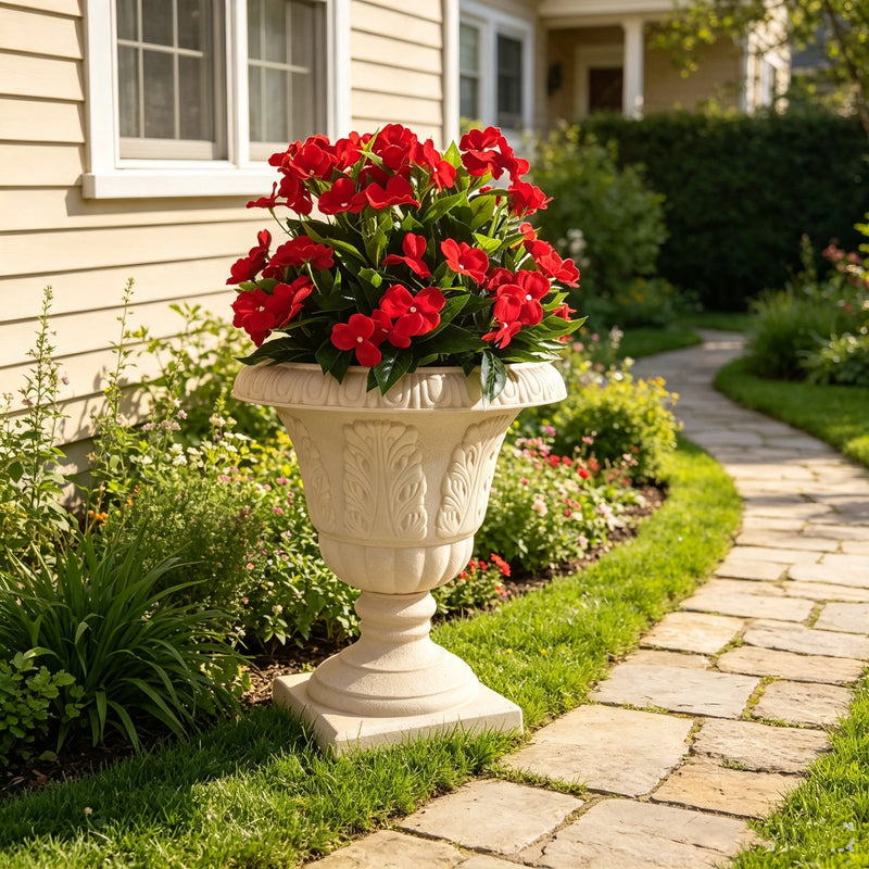 Set of 2, 17" Artificial Red Impatiens in Pots, UV Resistant Faux Flowers, Realistic Potted Plants for Outdoor Porch, Wedding & Farmhouse Decor