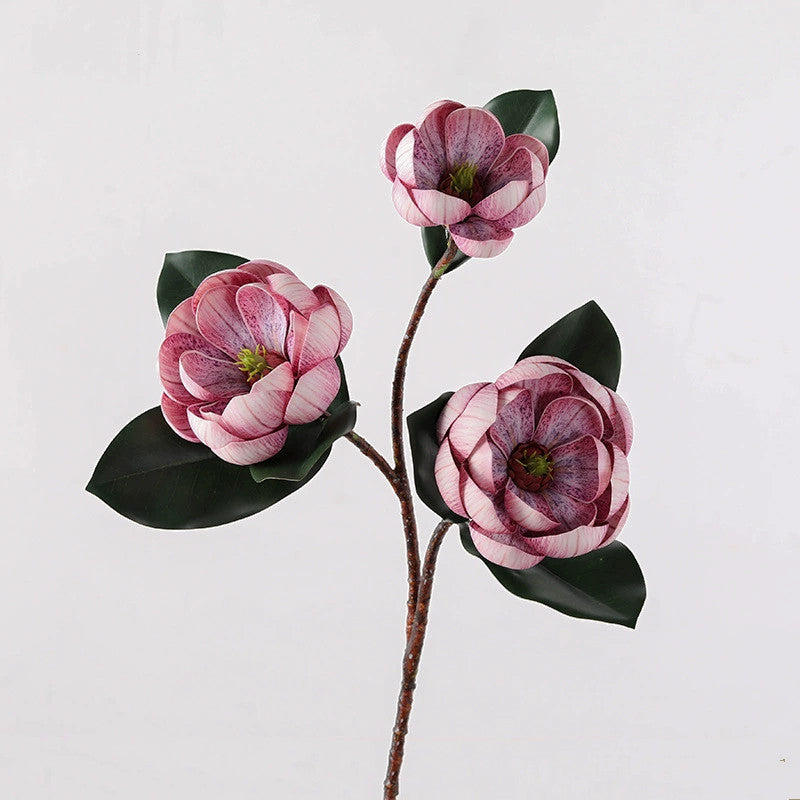 28" Large Faux Magnolia Stem, 3 Realistic EVA Blooms, Tall Artificial Flowers for Dreamy Wedding Bouquets, Modern Home Decor, Vase Centerpieces