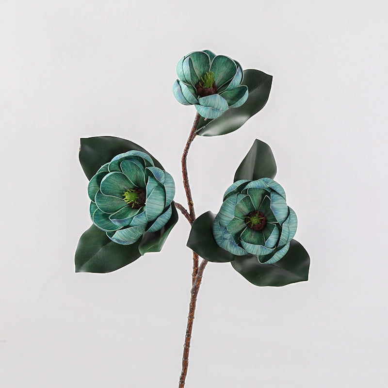 28" Large Faux Magnolia Stem, 3 Realistic EVA Blooms, Tall Artificial Flowers for Dreamy Wedding Bouquets, Modern Home Decor, Vase Centerpieces