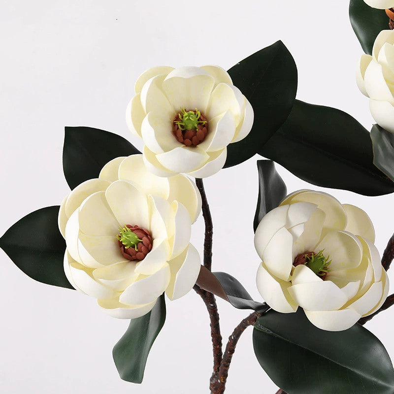 28" Large Faux Magnolia Stem, 3 Realistic EVA Blooms, Tall Artificial Flowers for Dreamy Wedding Bouquets, Modern Home Decor, Vase Centerpieces