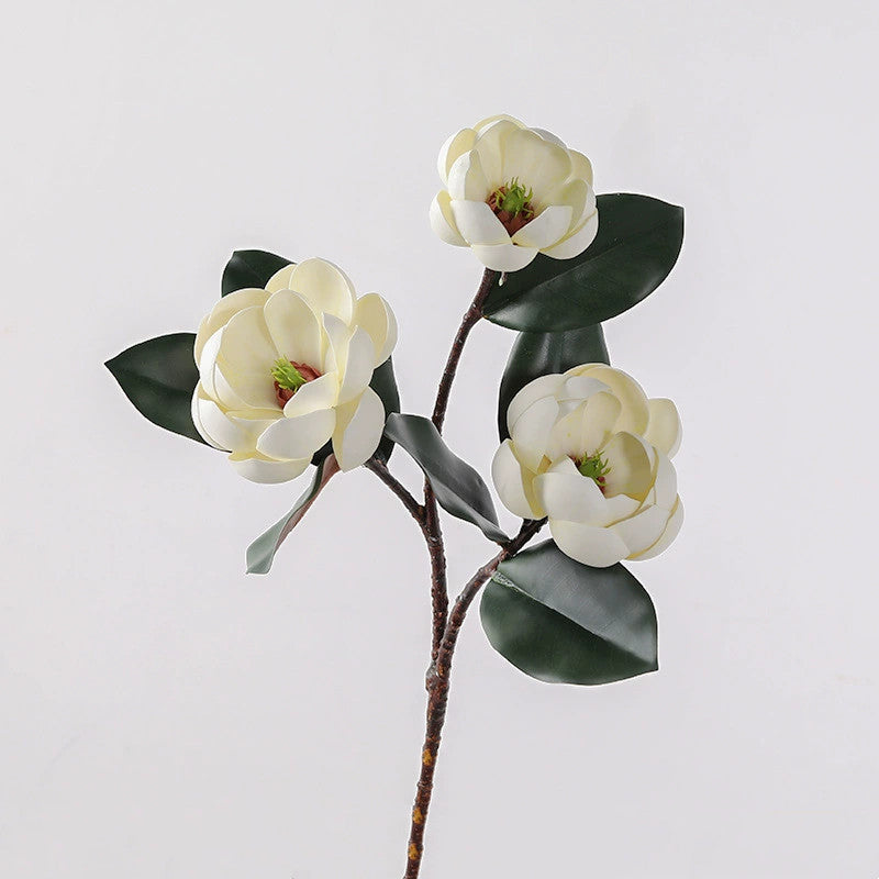 28" Large Faux Magnolia Stem, 3 Realistic EVA Blooms, Tall Artificial Flowers for Dreamy Wedding Bouquets, Modern Home Decor, Vase Centerpieces