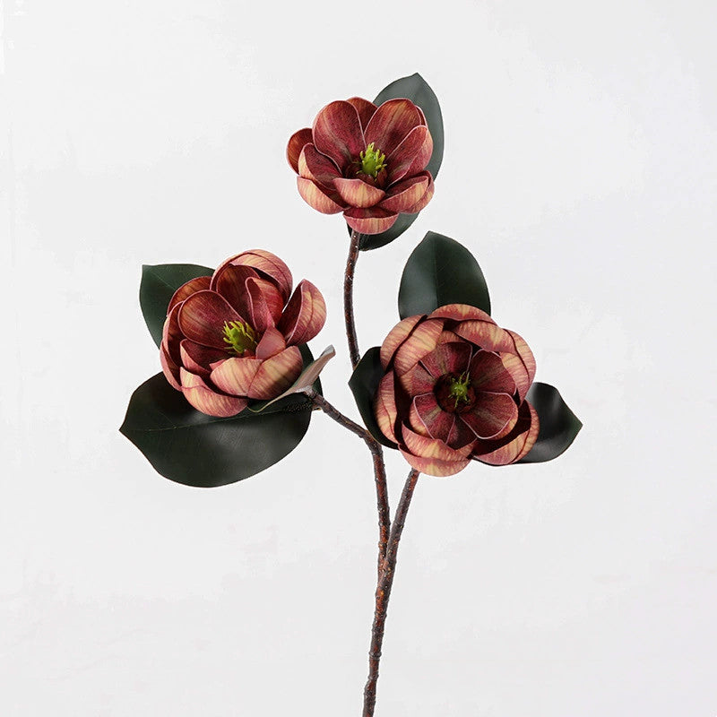 28" Large Faux Magnolia Stem, 3 Realistic EVA Blooms, Tall Artificial Flowers for Dreamy Wedding Bouquets, Modern Home Decor, Vase Centerpieces