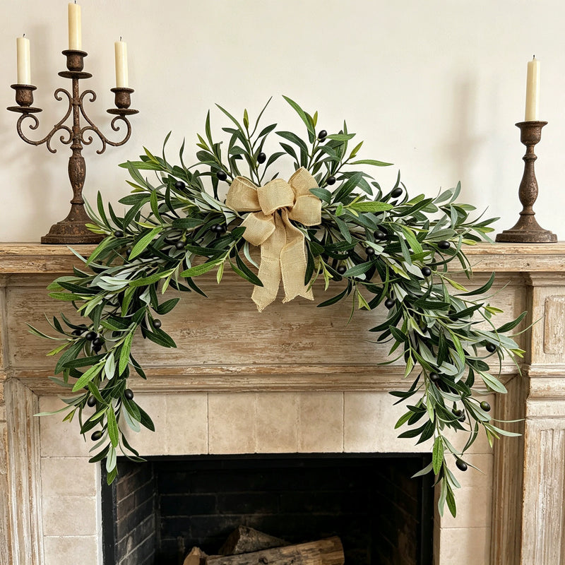 Artificial Olive Garland, 31" Large Hanging Greenery Swag, Lifelike Tuscan Olive Branches for Wedding Arch Decor, Fireplace Mantel, Farmhouse Wall Hanging