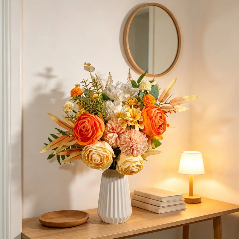 16" Autumn Ember Peony & Mum Bouquet, Realistic Faux Floral Arrangement, Burnt Orange Fall Flowers for Wedding Centerpieces, Home Decor, DIY Vase