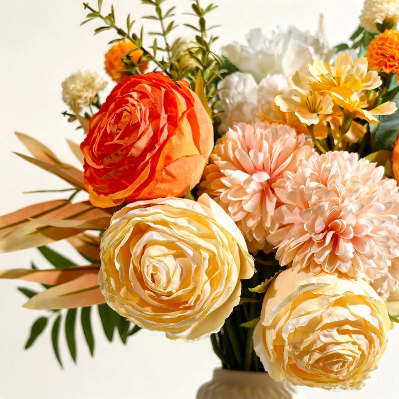 16" Autumn Ember Peony & Mum Bouquet, Realistic Faux Floral Arrangement, Burnt Orange Fall Flowers for Wedding Centerpieces, Home Decor, DIY Vase
