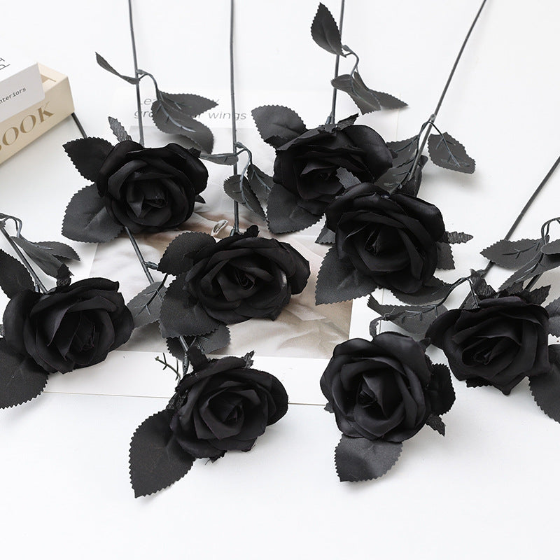 5 Stems Artificial Black Roses, 15" Tall Faux Gothic Flowers, Moody & Realistic for Halloween Decor, DIY Wedding Bouquets, Dark Home Decor